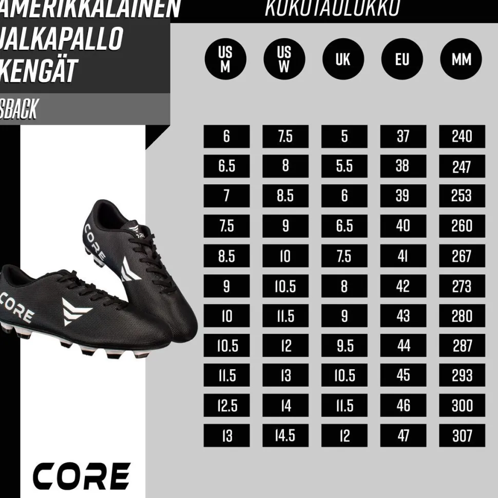 Amerikkalaisen jalkapallon kengät Core Sback, musta, eri kokoja