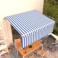 Automaattisesti kelattava markiisi verhoilla 3x2,5 m sinivalk.