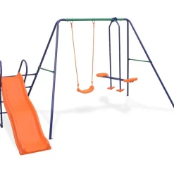 Keinuteline liukumäellä ja 3 istuimella oranssi