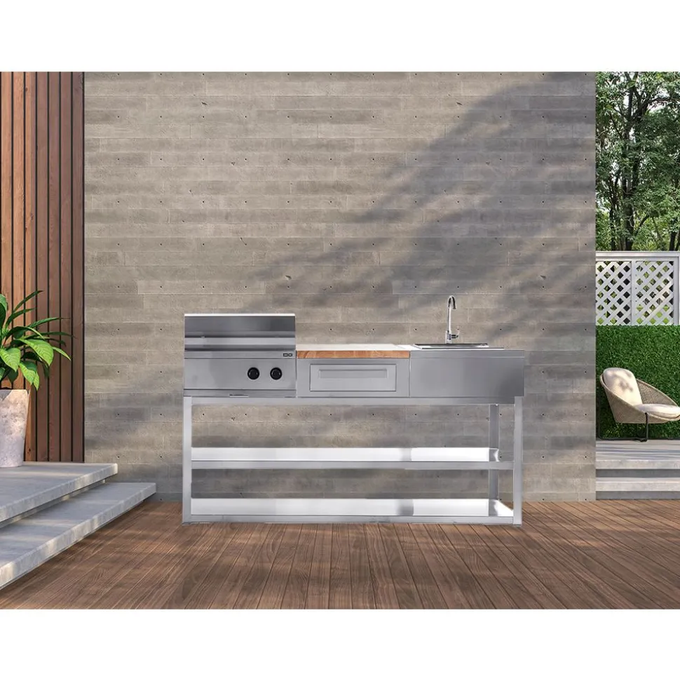 Kesäkeittiön tiskiallasmoduuli Myoutdoorkitchen integroitava ruostumaton teräs