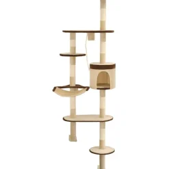 Kissan kiipeilypuu, sisal-pylväillä, seinäkiinnitys, 194cm, beige/ruskea