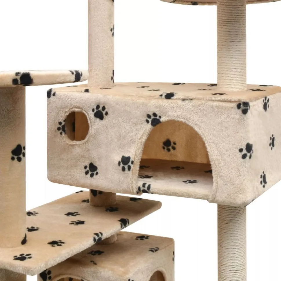 Kissan raapimispuu, sisal-pylväillä, 2 pesällä, 125cm, tassukuvio, beige