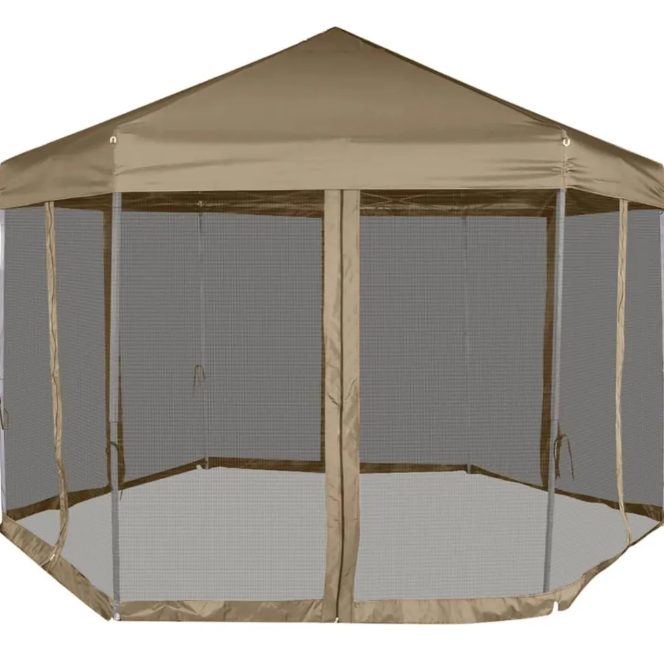 Kuusikulmainen pop-up katos sivuseinillä 3,6x3,1m 220g/m² taupe