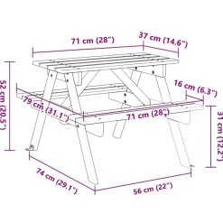 Lasten piknikpöytä, 4 lapselle, aurinkovarjoreikä, täysi kuusi, eri värejä (38276)