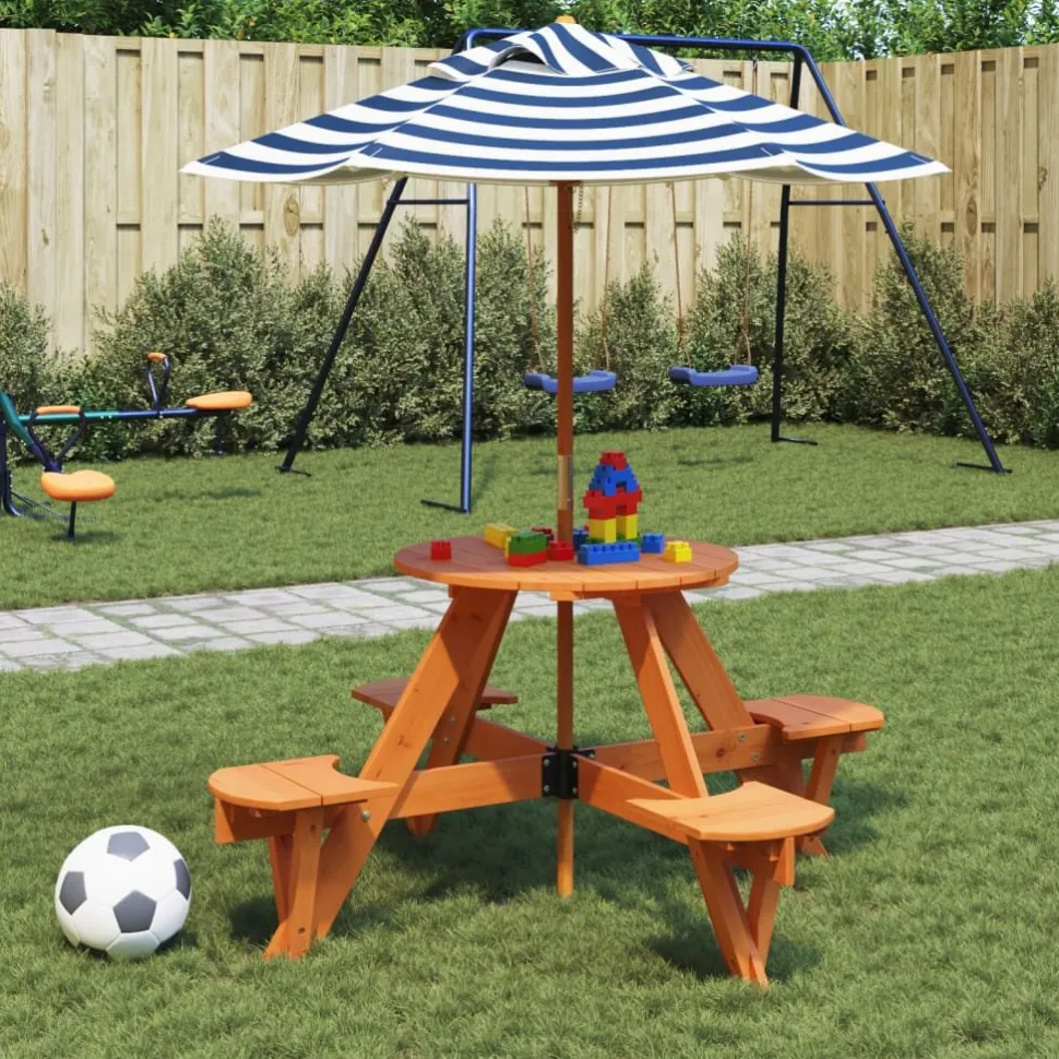 Lasten piknikpöytä 4 lapselle aurinkovarjo pyöreä täysi kuusi (81624)