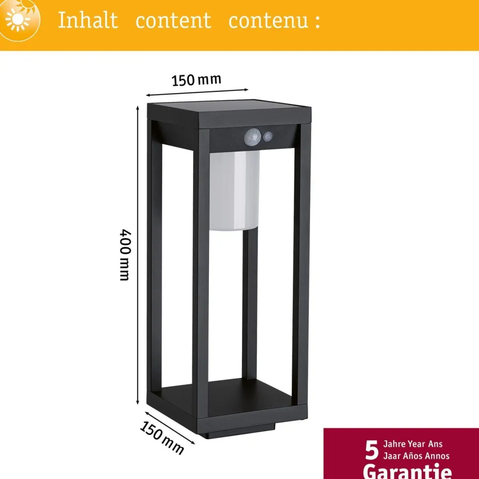 LED-aurinkokennovalaisin Paulmann Marisol, IP44, 3000K, liiketunnistin, musta