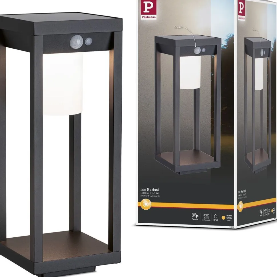 LED-aurinkokennovalaisin Paulmann Marisol, IP44, 3000K, liiketunnistin, musta