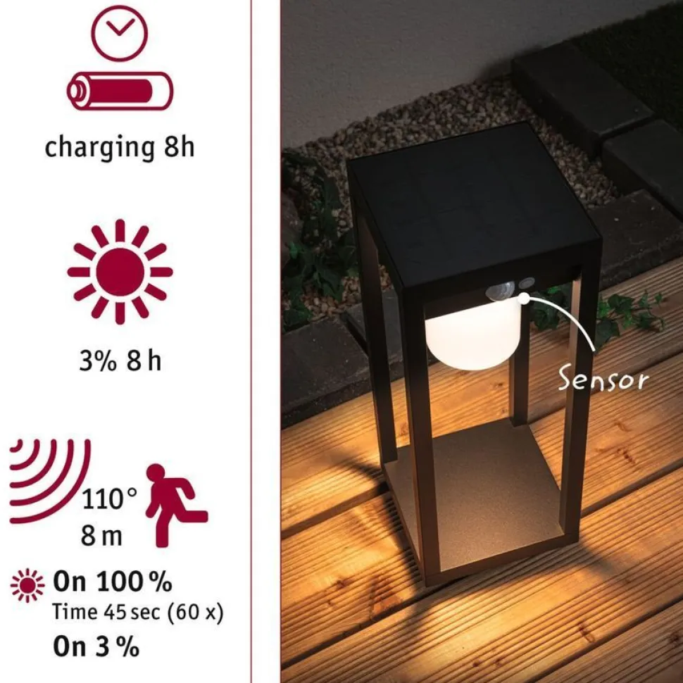 LED-aurinkokennovalaisin Paulmann Marisol, IP44, 3000K, liiketunnistin, musta