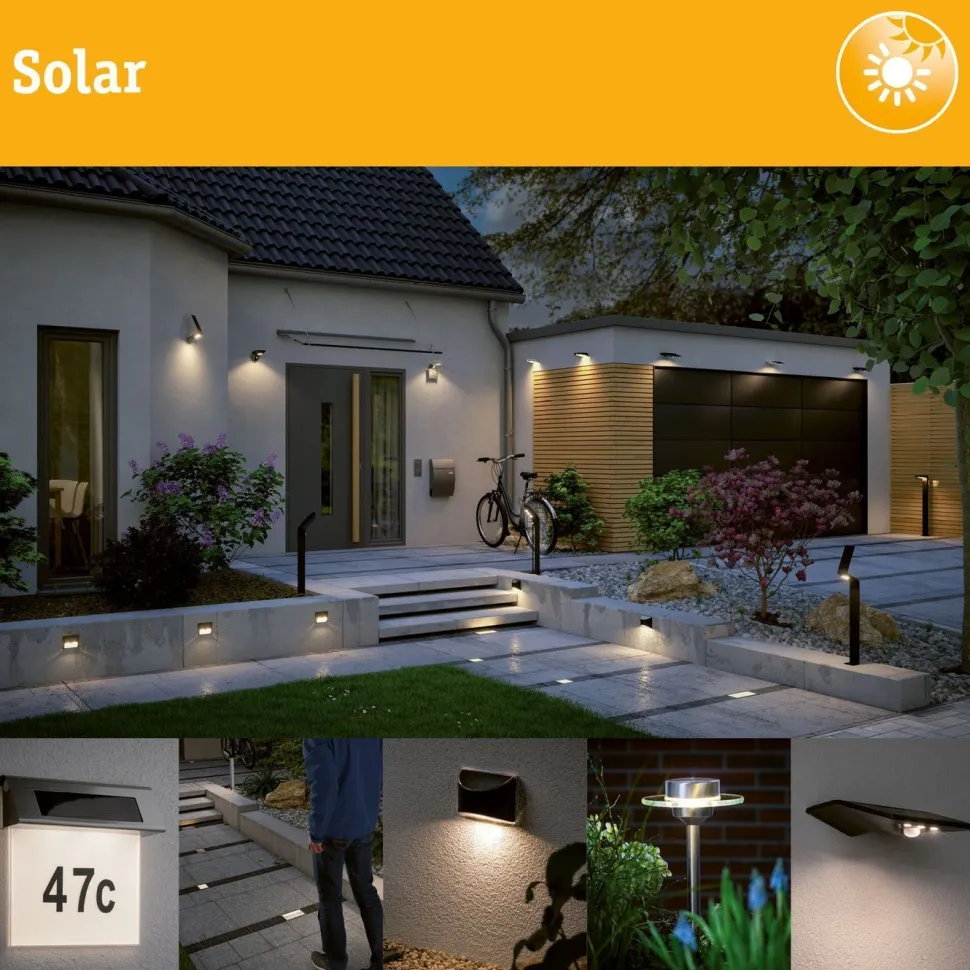 LED-aurinkokennovalaisin Paulmann Marisol, IP44, 3000K, liiketunnistin, musta