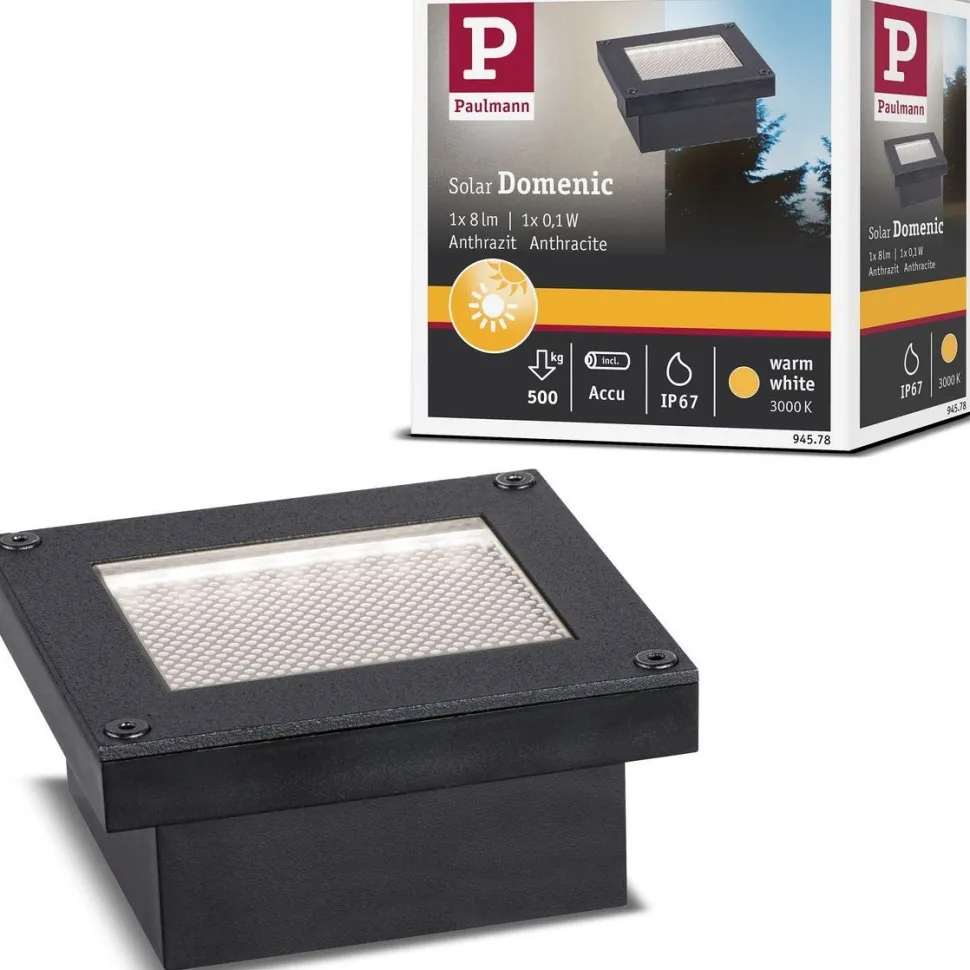 LED-maavalaisin aurinkokennolla Paulmann Domenic, 8x8cm, IP67, 3000K, musta