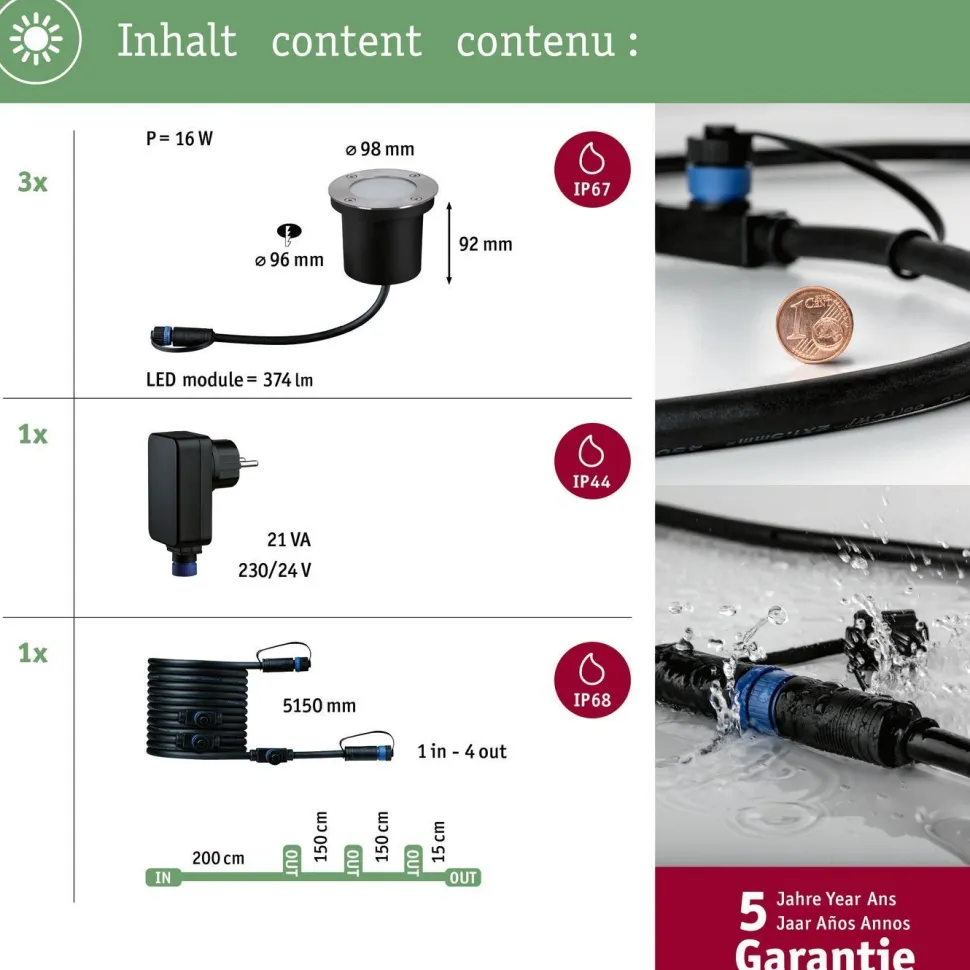 LED-terassivalaisinsarja Paulmann Plug & Shine Floor, IP67, 2200K, 3x4.5W, antrasiitti