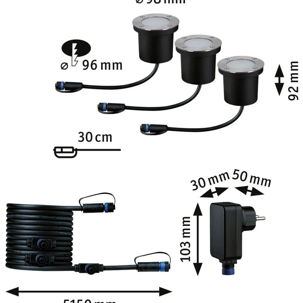LED-terassivalaisinsarja Paulmann Plug & Shine Floor, IP67, 2200K, 3x4.5W, antrasiitti