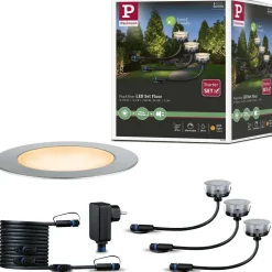 LED-terassivalaisinsarja Paulmann Plug & Shine Floor, IP67, 2200K, 3x2W, hopea