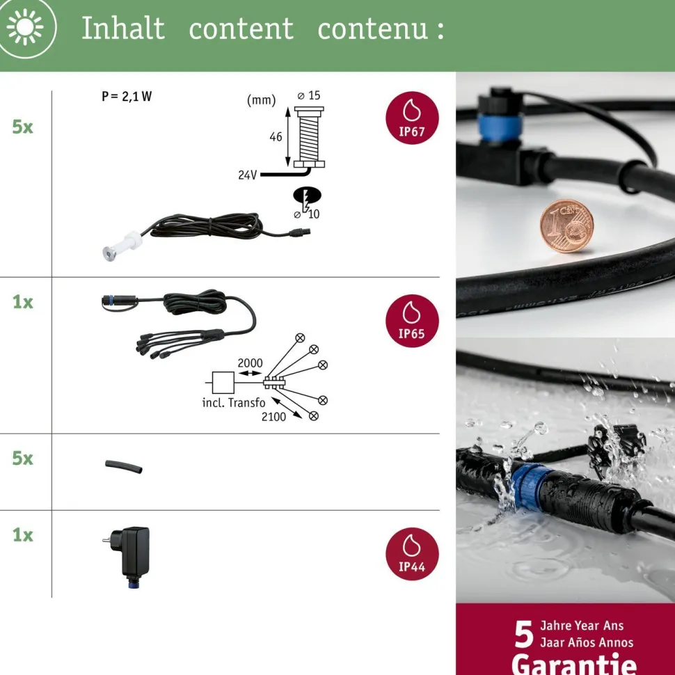 LED-terassivalaisinsarja Paulmann Plug & Shine MicroPen II, 5-osainen, IP67, 3000K, hopea