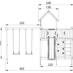 Leikkitorni Jungle Gym Mansion 2.1, 2-Swing Module 220, liukumäki ja 120 kg hiekkaa