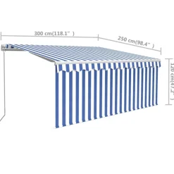 Manuaalisesti kelattava markiisi 2 verhoilla 3x2,5m sininen/valkoinen