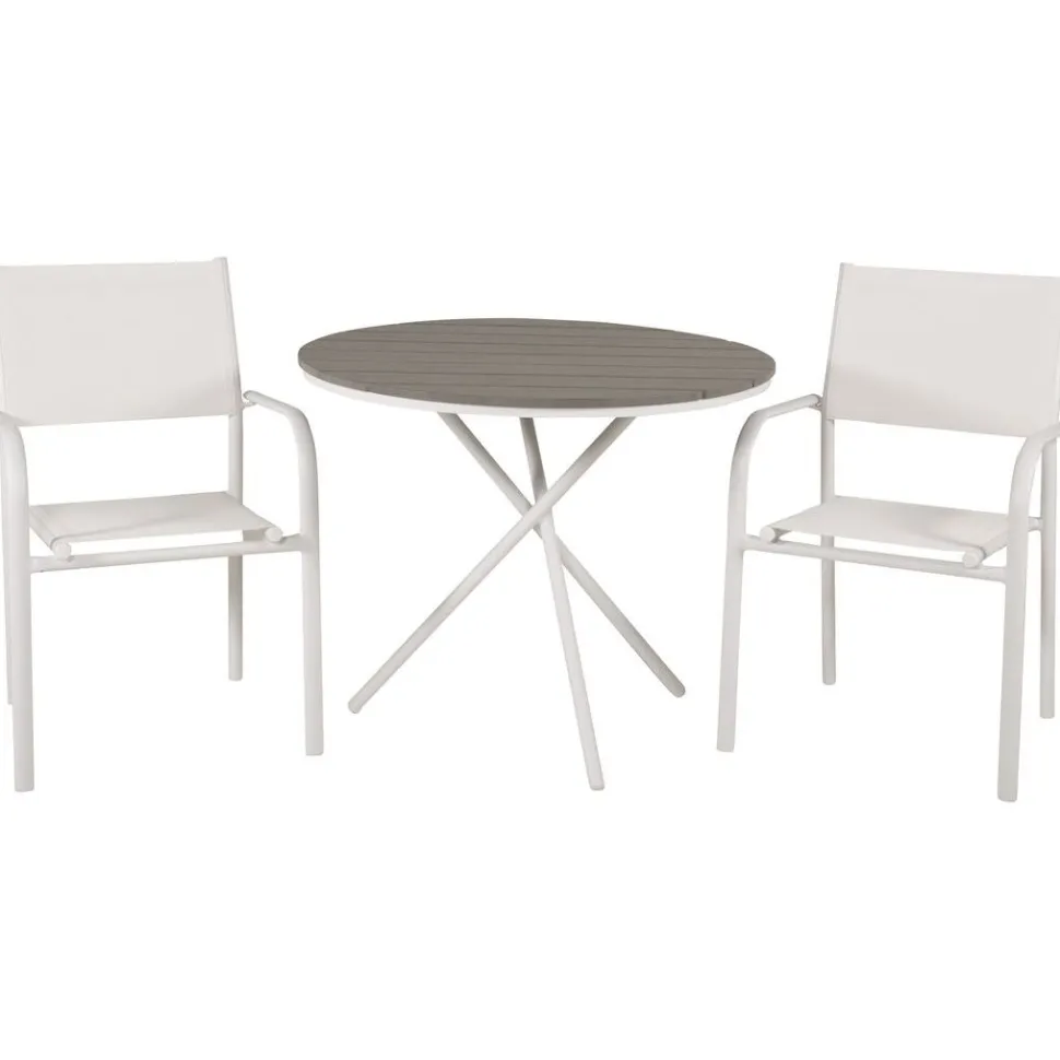 Parvekeryhmä Venture Home, ø90cm harmaa-valkoinen Parma-pöytä + 2 valkoista, pinottavaa Santorini-tuolia