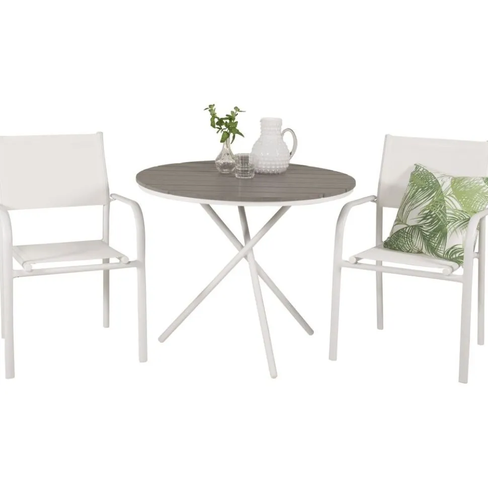 Parvekeryhmä Venture Home, ø90cm harmaa-valkoinen Parma-pöytä + 2 valkoista, pinottavaa Santorini-tuolia