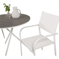 Parvekeryhmä Venture Home, ø90cm harmaa-valkoinen Parma-pöytä + 2 valkoista, pinottavaa Santorini-tuolia