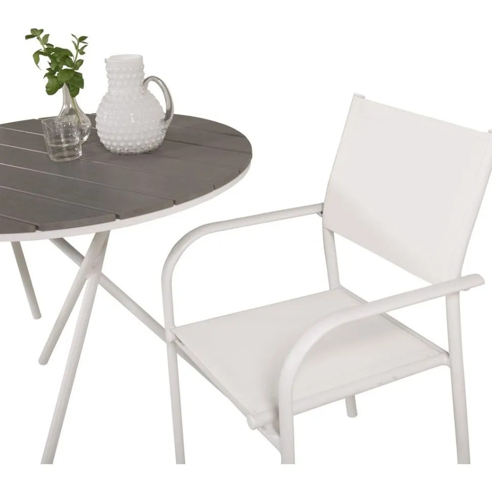 Parvekeryhmä Venture Home, ø90cm harmaa-valkoinen Parma-pöytä + 2 valkoista, pinottavaa Santorini-tuolia