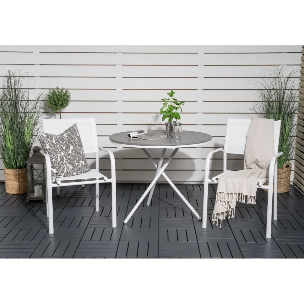 Parvekeryhmä Venture Home, ø90cm harmaa-valkoinen Parma-pöytä + 2 valkoista, pinottavaa Santorini-tuolia