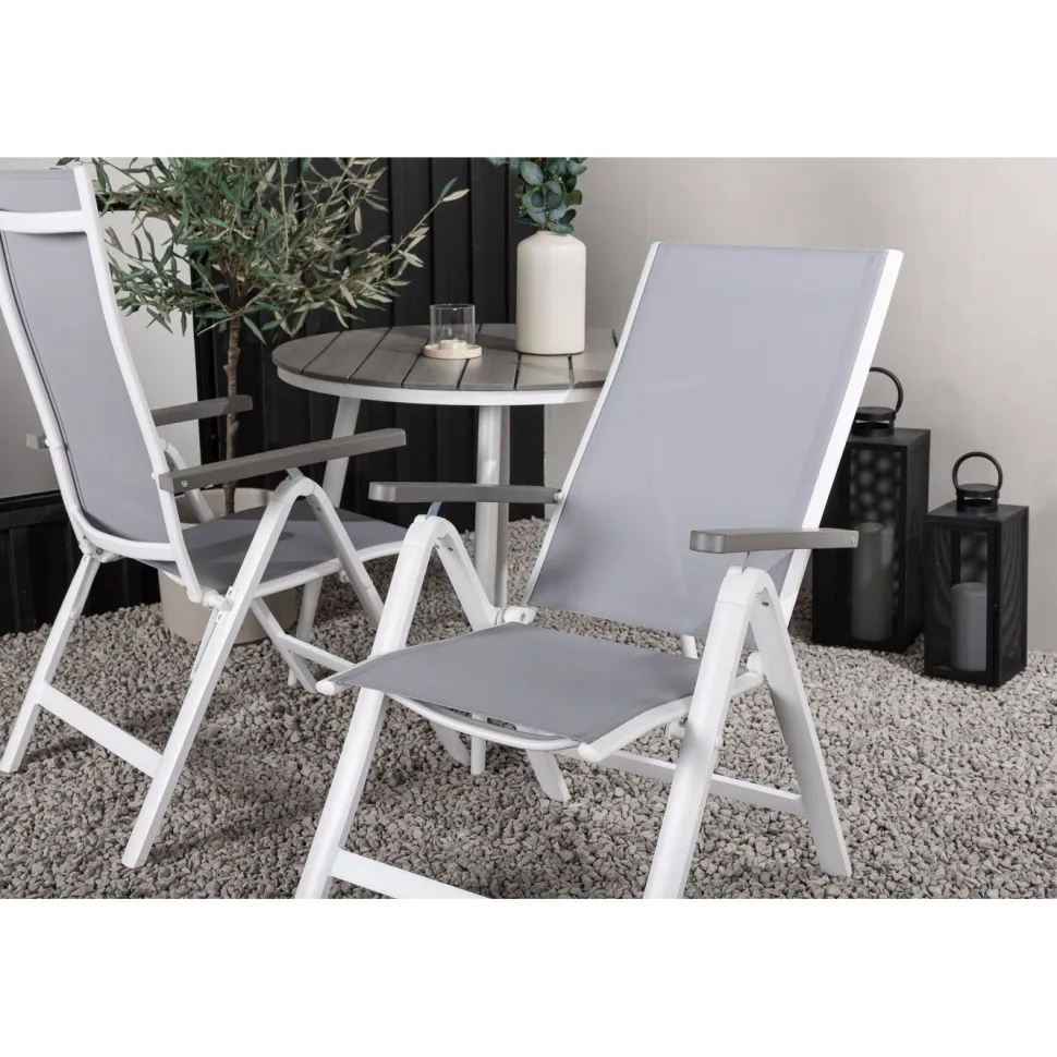 Parvekeryhmä Venture Home, ø90cm, harmaa/valkoinen Break-pöytä + 2 harmaata Albany-säätötuolia