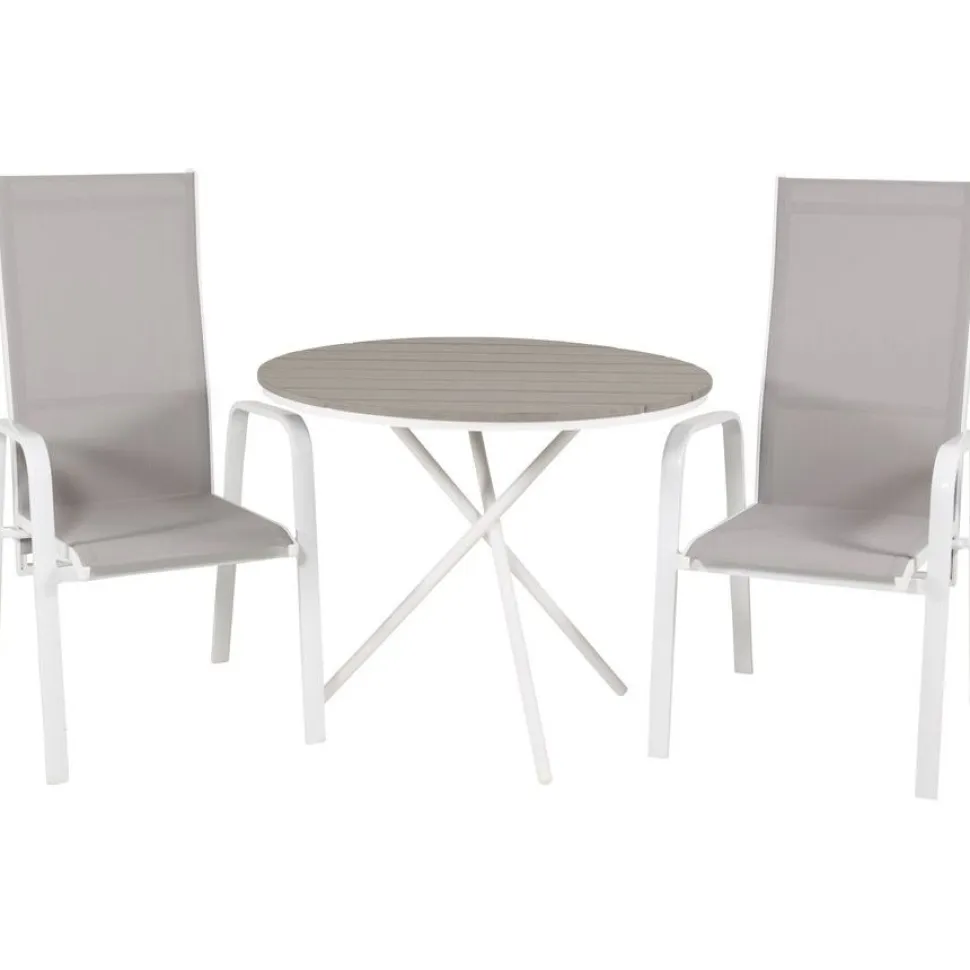 Parvekeryhmä Venture Home, ø90cm harmaa-valkoinen Parma-pöytä + 2 harmaa-valkoista, pinottavaa Copacabana-tuolia