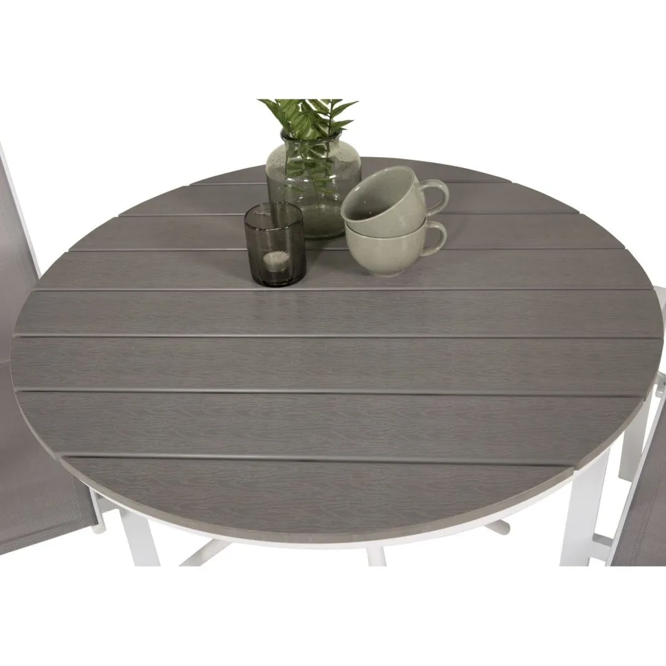 Parvekeryhmä Venture Home, ø90cm harmaa-valkoinen Parma-pöytä + 2 harmaa-valkoista, pinottavaa Copacabana-tuolia
