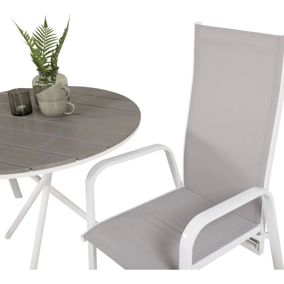 Parvekeryhmä Venture Home, ø90cm harmaa-valkoinen Parma-pöytä + 2 harmaa-valkoista, pinottavaa Copacabana-tuolia