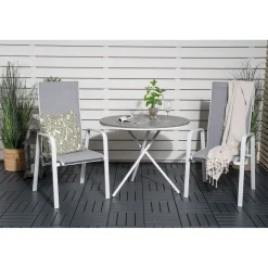 Parvekeryhmä Venture Home, ø90cm harmaa-valkoinen Parma-pöytä + 2 harmaa-valkoista, pinottavaa Copacabana-tuolia