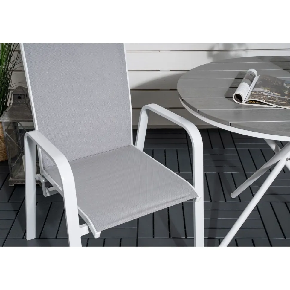Parvekeryhmä Venture Home, ø90cm harmaa-valkoinen Parma-pöytä + 2 harmaa-valkoista, pinottavaa Copacabana-tuolia