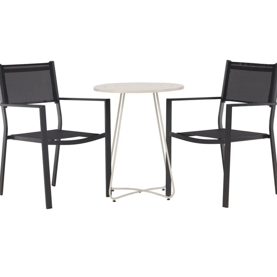 Parvekeryhmä Venture Home, ø60cm beige Bacong-pöytä + 2 mustaa, pinottavaa Copacabana-tuolia