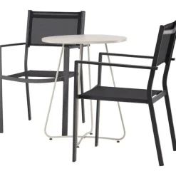Parvekeryhmä Venture Home, ø60cm beige Bacong-pöytä + 2 mustaa, pinottavaa Copacabana-tuolia