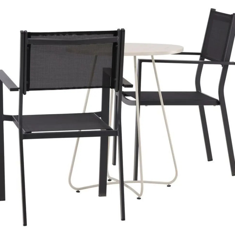 Parvekeryhmä Venture Home, ø60cm beige Bacong-pöytä + 2 mustaa, pinottavaa Copacabana-tuolia