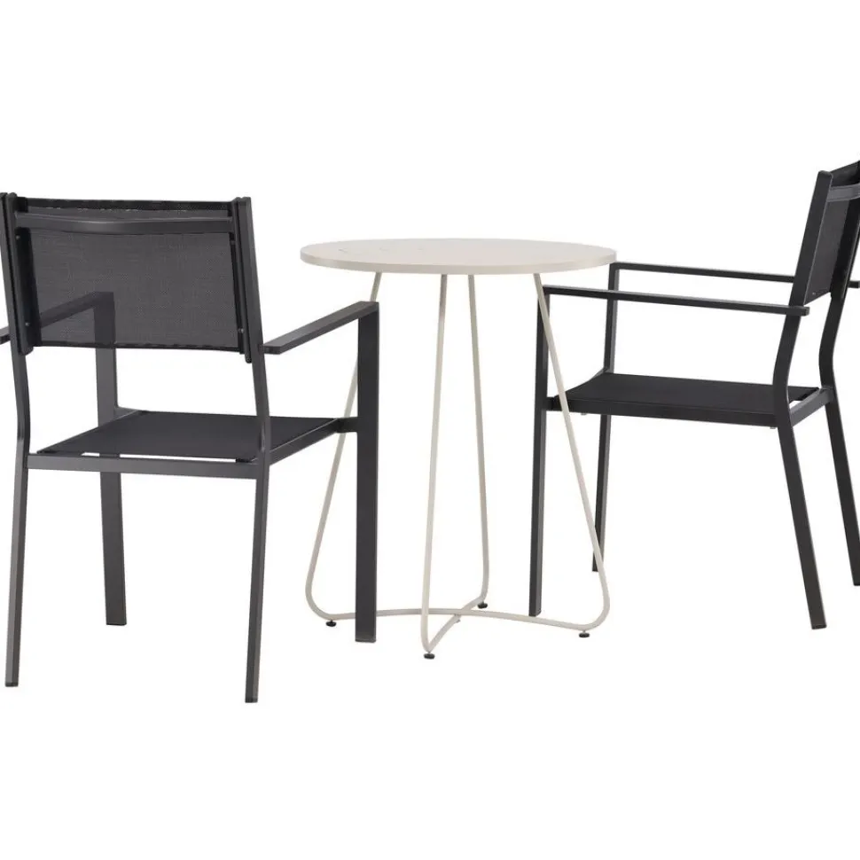 Parvekeryhmä Venture Home, ø60cm beige Bacong-pöytä + 2 mustaa, pinottavaa Copacabana-tuolia