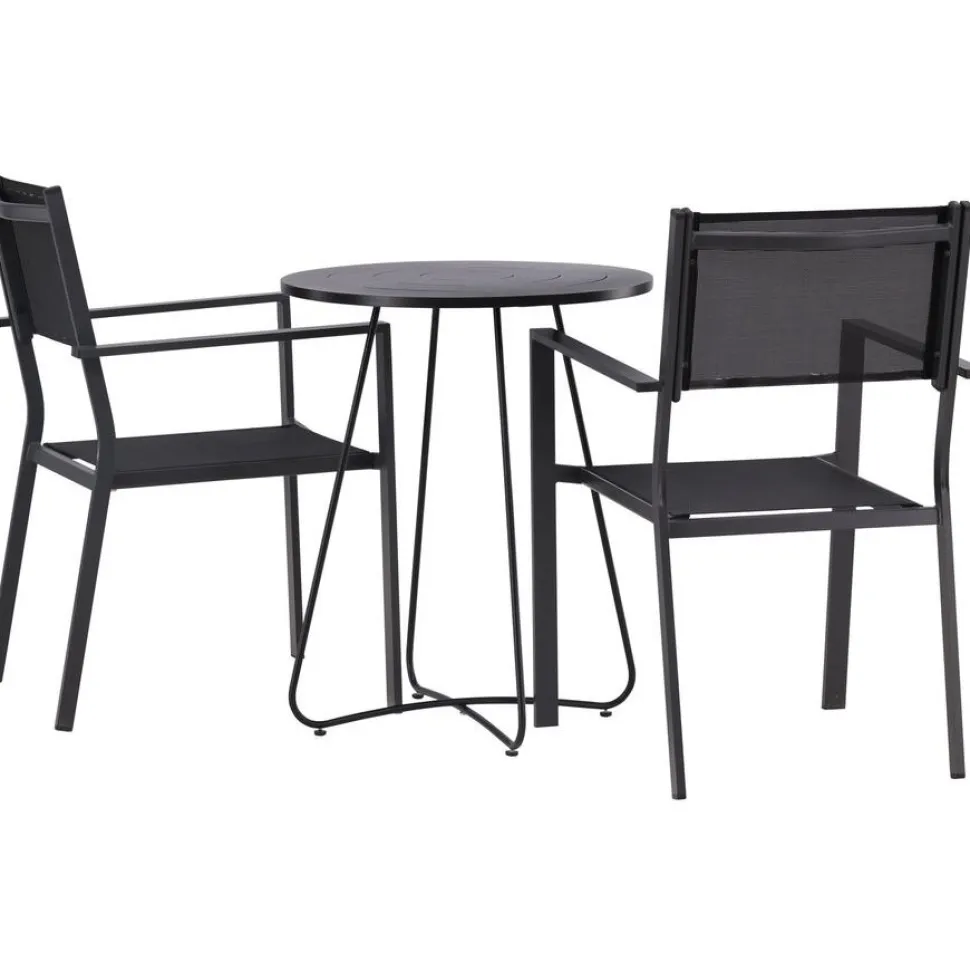 Parvekeryhmä Venture Home, ø60cm beige Bacong-pöytä + 2 mustaa, pinottavaa Copacabana-tuolia