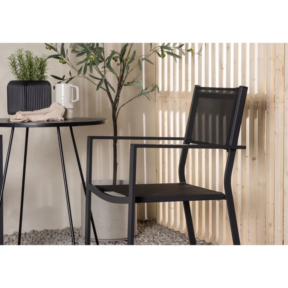 Parvekeryhmä Venture Home, ø60cm beige Bacong-pöytä + 2 mustaa, pinottavaa Copacabana-tuolia