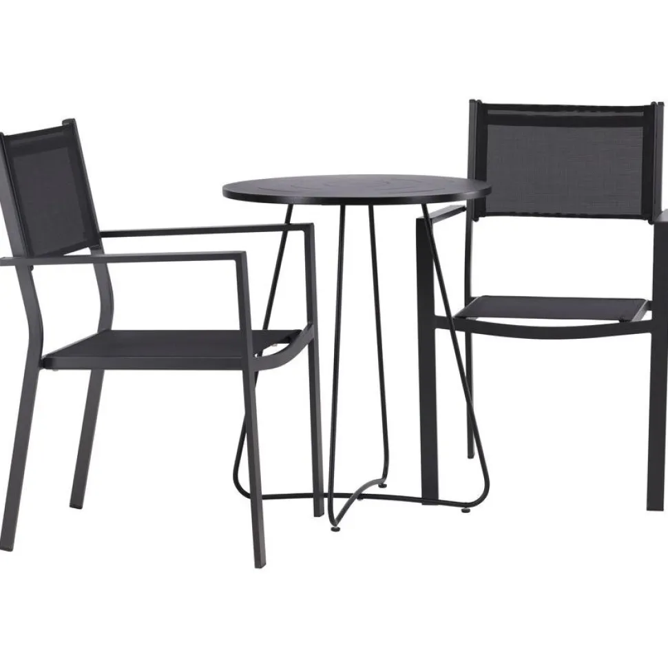 Parvekeryhmä Venture Home, ø60cm beige Bacong-pöytä + 2 mustaa, pinottavaa Copacabana-tuolia