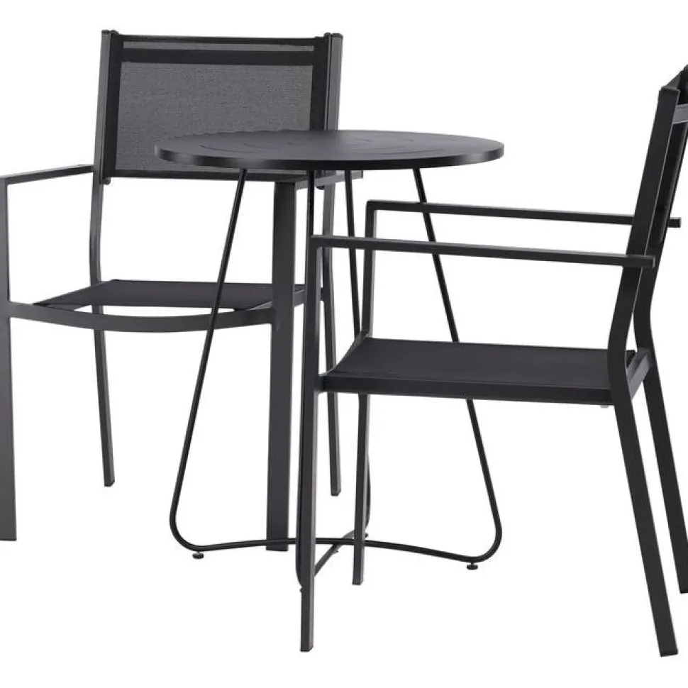 Parvekeryhmä Venture Home, ø60cm beige Bacong-pöytä + 2 mustaa, pinottavaa Copacabana-tuolia