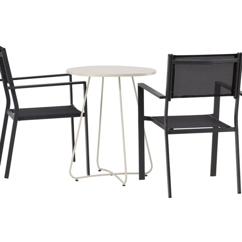 Parvekeryhmä Venture Home, ø60cm beige Bacong-pöytä + 2 mustaa, pinottavaa Copacabana-tuolia