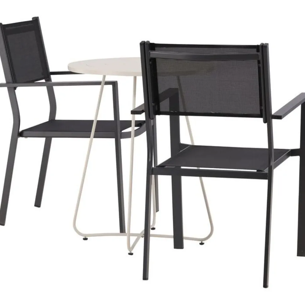 Parvekeryhmä Venture Home, ø60cm beige Bacong-pöytä + 2 mustaa, pinottavaa Copacabana-tuolia