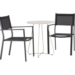 Parvekeryhmä Venture Home, ø60cm beige Bacong-pöytä + 2 mustaa, pinottavaa Copacabana-tuolia