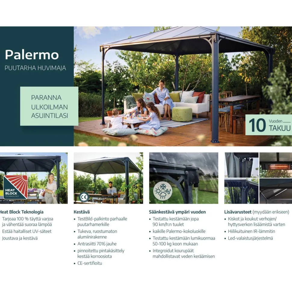 Paviljonki Palram-Canopia Palermo 3600 3,6 x 3,6 m 13 m² harmaa
