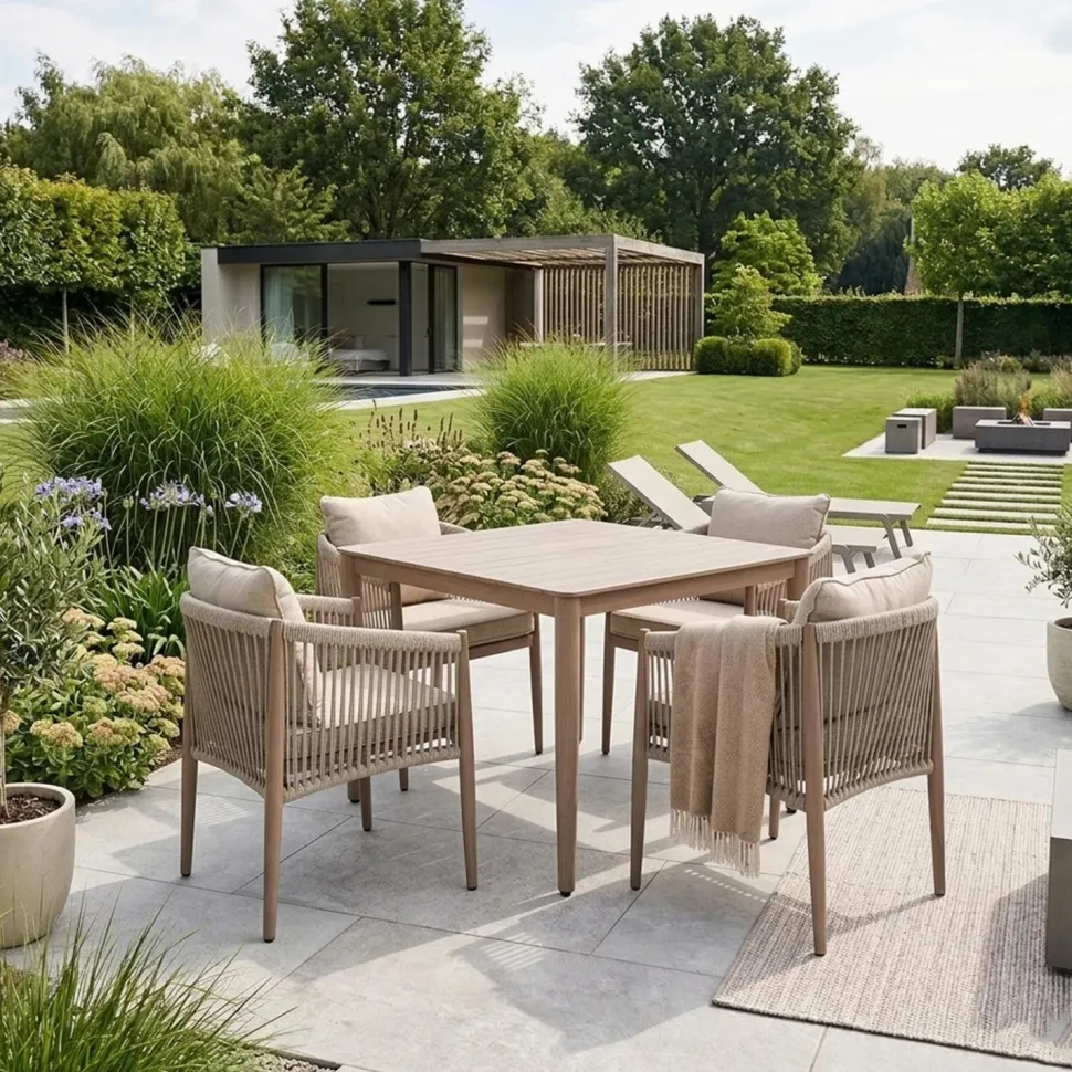 Puutarhakalustesetti Home4You MEDINA pöytä ja 4 tuolia, beige