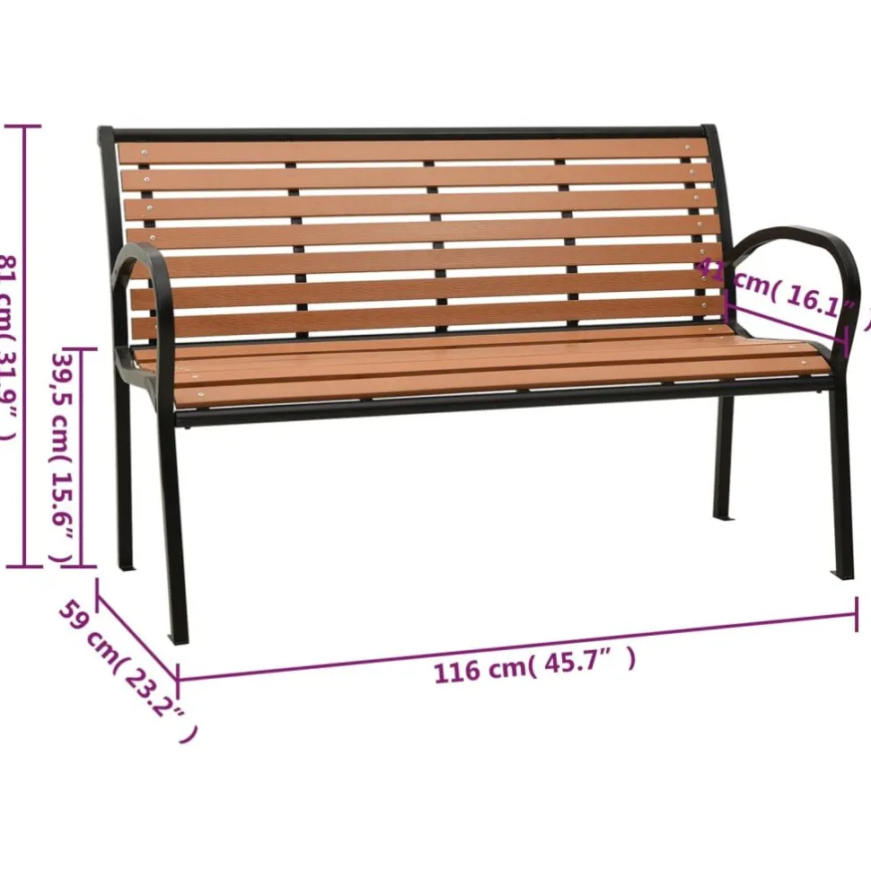 Puutarhapenkki musta ja ruskea 116 cm teräs ja WPC