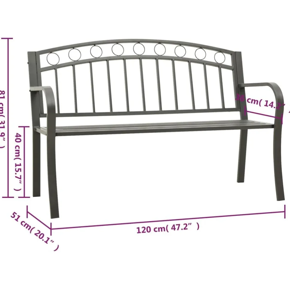 Puutarhapenkki harmaa 120 cm teräs