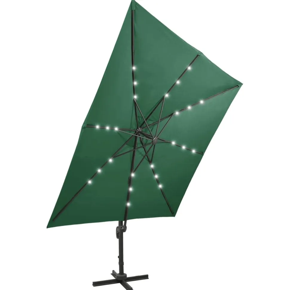 Riippuva aurinkovarjo 2 tangolla ja LED-valoilla 300 cm vihreä