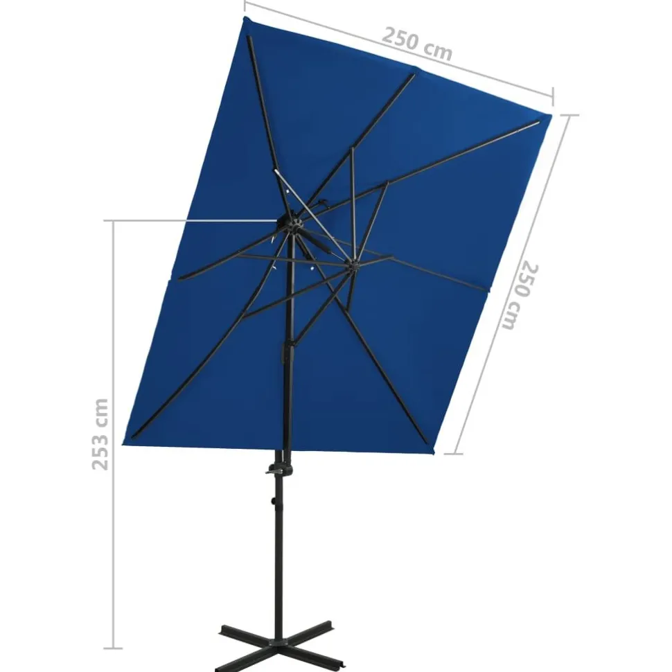 Riippuva aurinkovarjo 2 tuplakatolla 250x250 cm taivaansininen