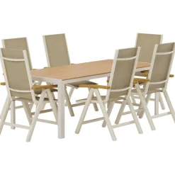 Ruokailuryhmä ulos Venture Home, beige Break-pöytä 205x90cm + 6 beigeä Panama-tuolia