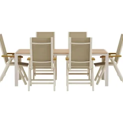Ruokailuryhmä ulos Venture Home, beige Break-pöytä 205x90cm + 6 beigeä Panama-tuolia